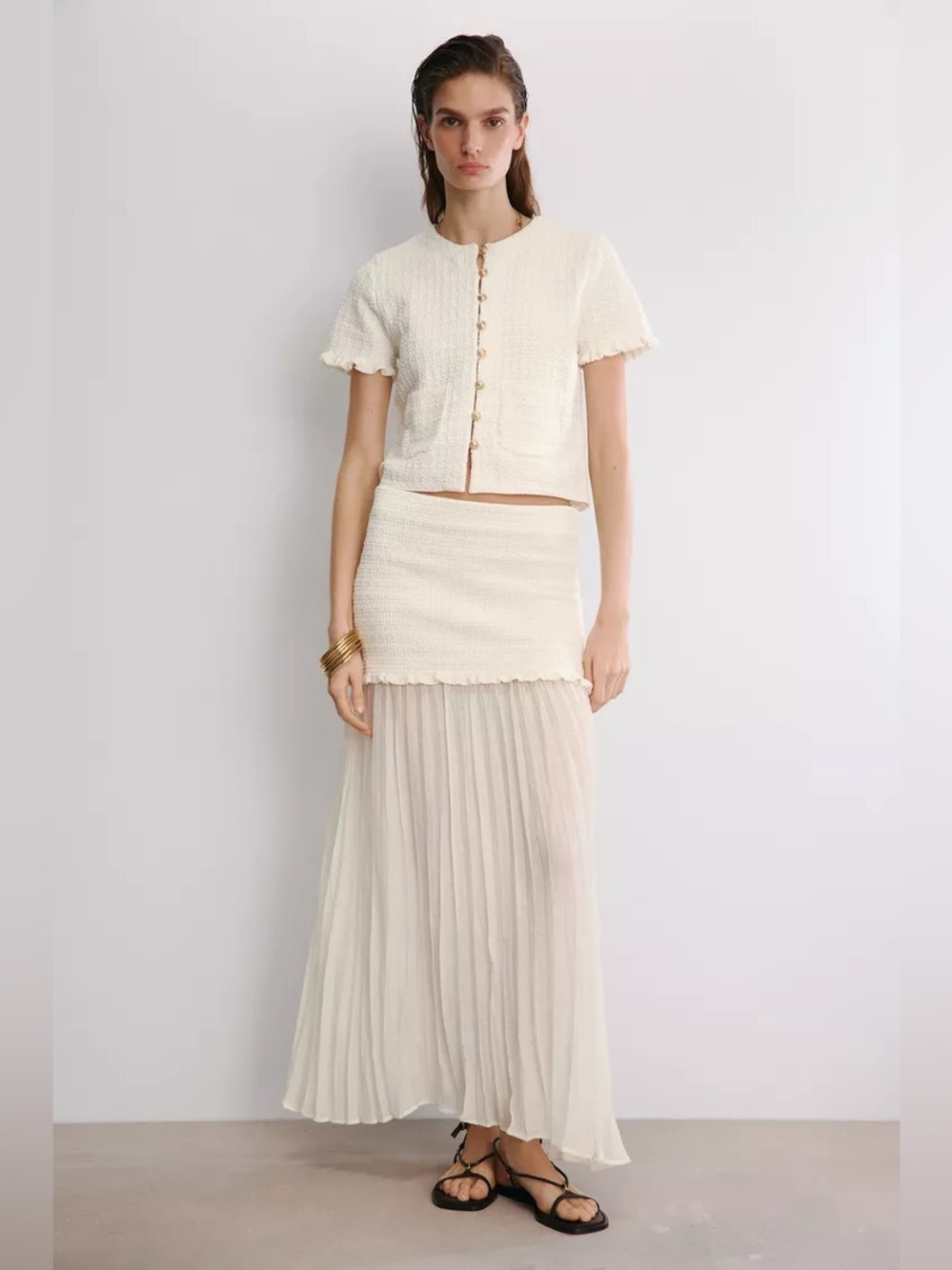 Zara Knit Ruffle Contrast Pleated Maxi Skirt - Picture 3 of 12